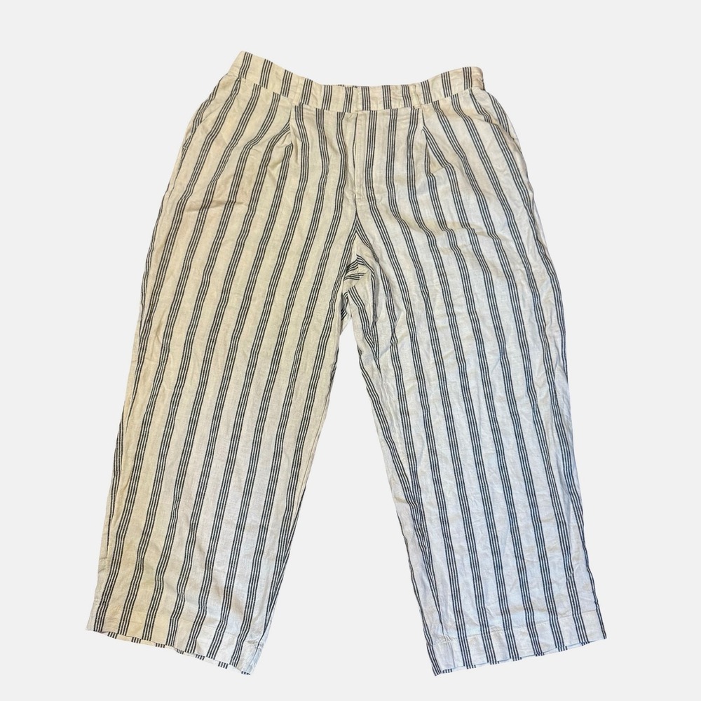 A New Day Women Striped Linen Blend Wide Leg Pants Cream Navy Blue Size 17 Short